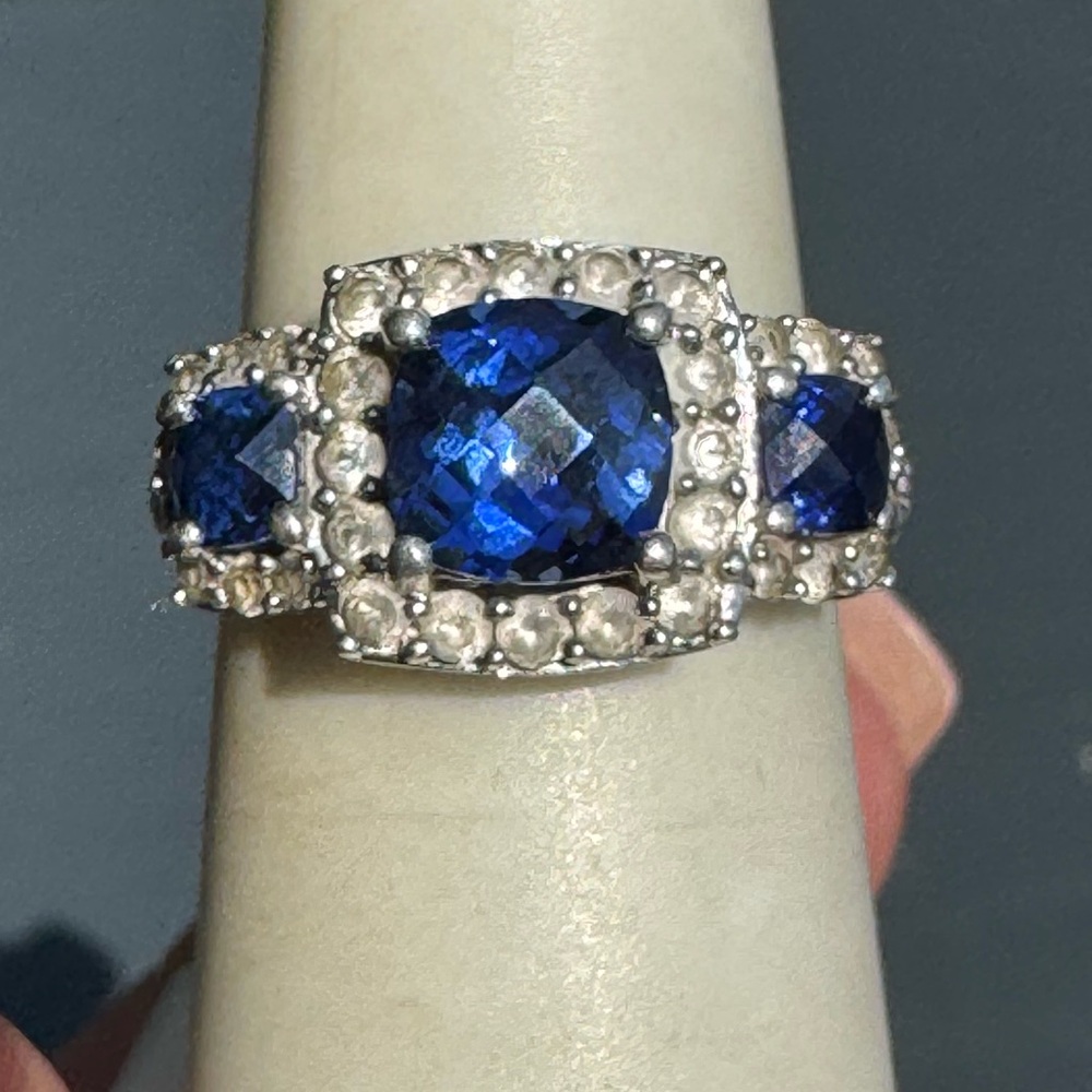 DESIGNER JH STERLING SILVER 925 CUSHION CUT BLUE SAPPHIRE WHITE TOPAZ RING